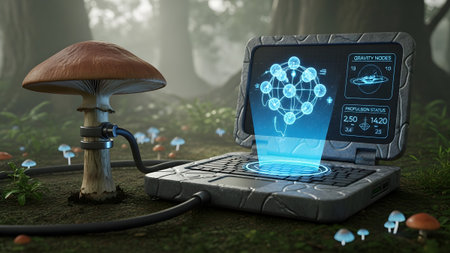 A rugged laptop a glowing neural network, connected to a large mushroom in a forest setting.