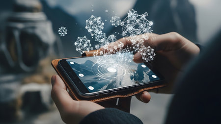 Hands hold a smartphone displaying glowing white molecular networks overlaid on a mountain...