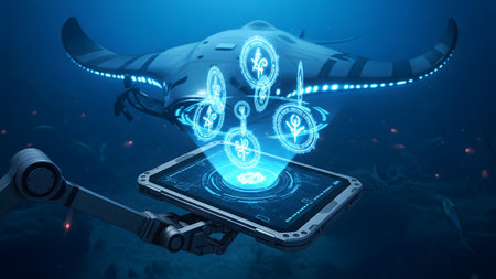 Robotic showing futuristic robotic arm holding tablet displaying glowing underwater symbols near...
