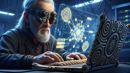 Server showing elderly man with goggles using a laptop with holographic interface in a server...