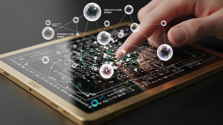 A finger interacts with a complex holographic network of glowing bubbles and data lines on a tablet.