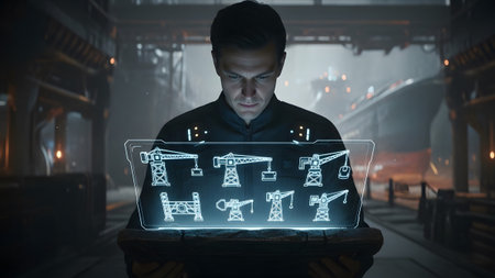 An engineer intently studies a transparent holographic screen showing multiple crane diagrams in...