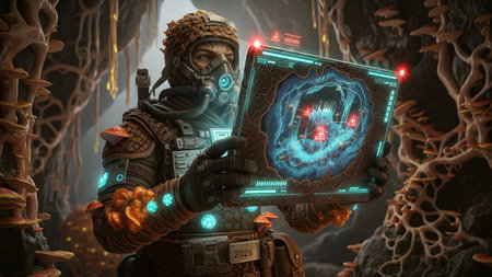 A person in futuristic protective gear holds a tablet showing a map within a cave filled with...の写真素材