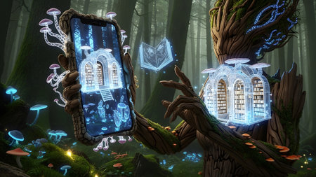 With enchanted forest scene with a tree-like creature holding a smartphone displaying a...の写真素材