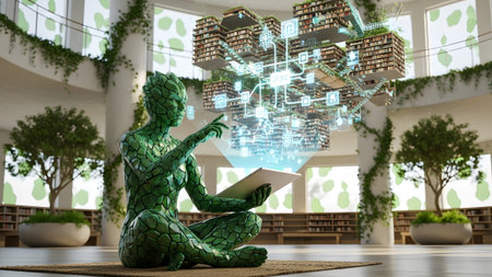 Humanoid showing green reptilian humanoid interacting with floating holographic city model in a...