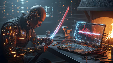 Holding showing cybernetic man holding a glowing energy sword in front of a futuristic laptop...の写真素材
