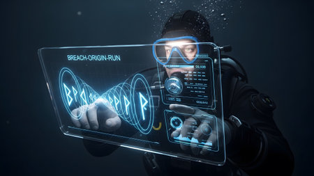 Screen showing diver wearing mask and regulator holding transparent screen with futuristic data....の写真素材