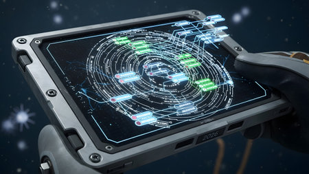 Nodes showing close-up of rugged tablet displaying intricate circular flowchart and data nodes...