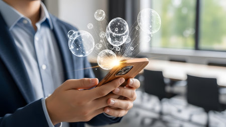 Close-up of hands holding a smartphone projecting luminous holographic spheres and light bursts...