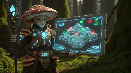Staff showing fantasy mushroom character holding staff and futuristic map in lush green forest....の写真素材
