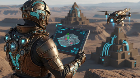 With showing futuristic soldier in advanced armor holding a tablet with map data near ancient...