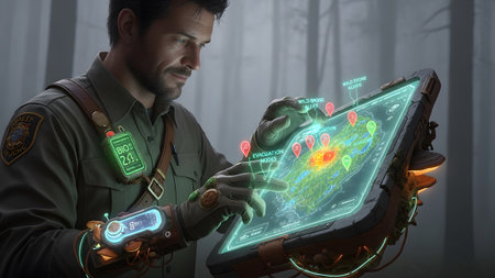 A forest ranger uses a futuristic tablet displaying a map with biohazard markers and data in a...
