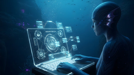 A blue-skinned humanoid with fins uses a glowing laptop displaying a complex holographic...