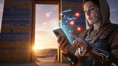 Futuristic woman in desert ruins using smartphone with holographic alerts...