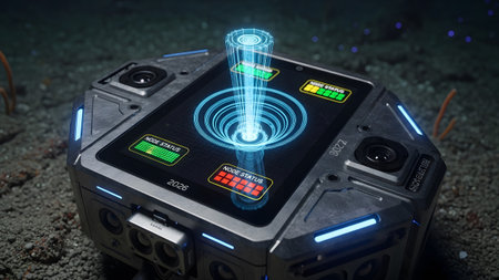 With showing futuristic underwater device with holographic display showing node status and data...