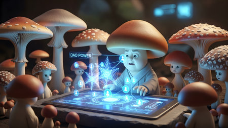 Several mushroom characters look at a tablet displaying a glowing digital network interface...