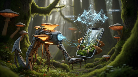 A mechanical robot with mushroom growths interacts with a smartphone in a vibrant, moss-covered...