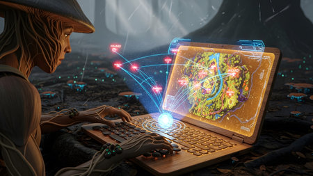 Showing fungal humanoid with hat using laptop and holographic map in dark forest.の写真素材