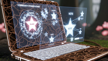 A futuristic laptop with an organic brown casing a glowing holographic interface showing stars...