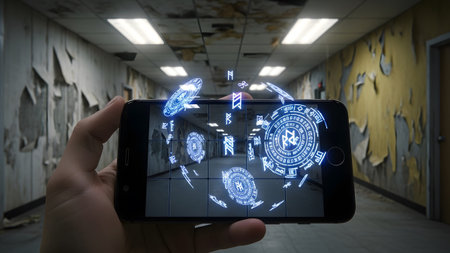 Blue showing hand holding smartphone displaying glowing blue runes and symbols in a derelict...