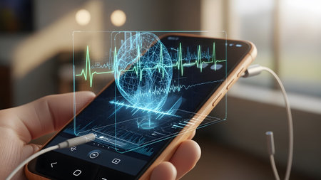 A hand holds a smartphone showing a holographic heart rhythm and a glowing 3D globe with data.
