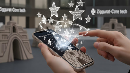 Hands hold a smartphone displaying holographic stars and text like COMMUNITY POWER above...