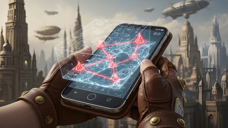 Hands in brown leather gloves hold a smartphone displaying a glowing red holographic network map.