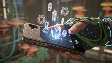 A hand holds a smartphone with a bright holographic display of geometric shapes and recycling...