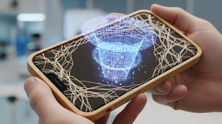 Holding showing hands holding smartphone displaying glowing blue digital vortex hologram with...