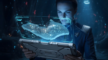 Futuristic woman in a dark uniform analyzing a holographic island map on a tablet...