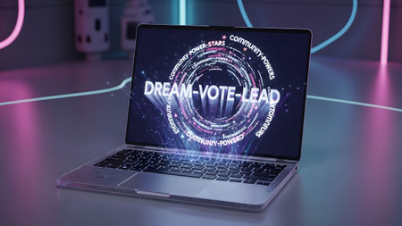 Text showing laptop dream vote lead text surrounded by a word cloud and glowing light effects...