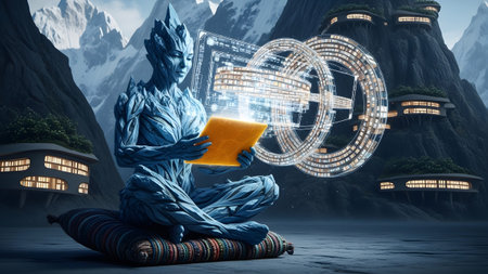 An ice-like figure sits cross-legged with a tablet, surrounded by holographic data and...の写真素材