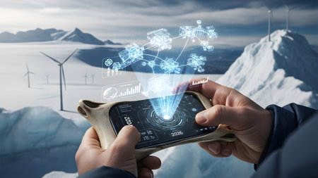Schematic showing hands holding smartphone displaying holographic wind turbine schematic in...