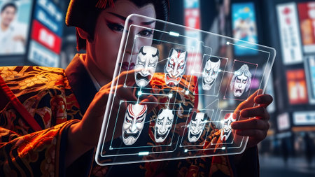 Kabuki performer in a vibrant kimono reviews a holographic display of Japanese masks with city...の写真素材