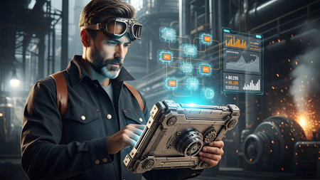 A man with goggles and a beard uses a futuristic tablet with a holographic interface showing...の写真素材