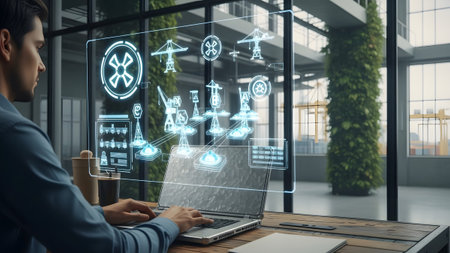 Project showing man using laptop with holographic construction project display in modern office....