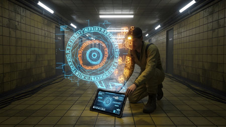 With showing man crouching in grungy hallway interacting with futuristic holographic rune circle...