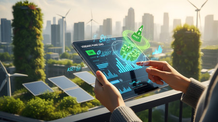 Hands hold a tablet displaying financial charts and asset growth data against a backdrop of a...