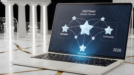 Power showing laptop displaying dao power vote lead diagram with stars and network...