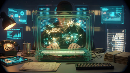 A person types on a keyboard in front of a vintage computer displaying a glowing holographic...