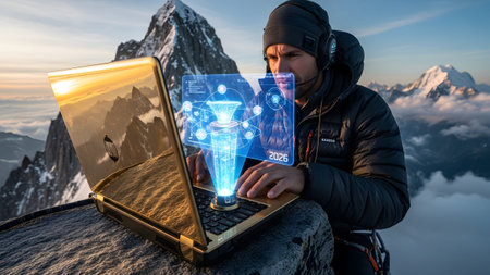 A man in a black jacket and beanie uses a gold laptop on a rocky mountain summit, interacting...の写真素材