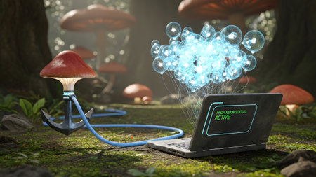 A laptop Propulsion Status: ACTIVE connected to a mushroom with an anchor in a mossy forest.