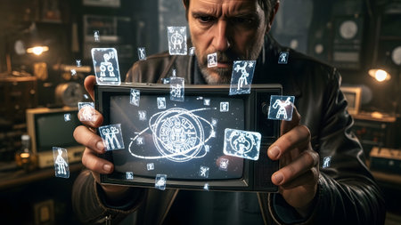 A man with a beard holds an old television displaying glowing ancient symbols and figures in a...