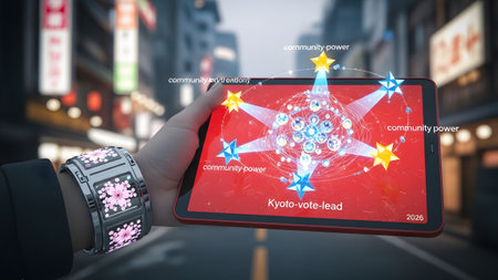 A hand wearing a futuristic bracelet holds a tablet displaying a glowing star network and...