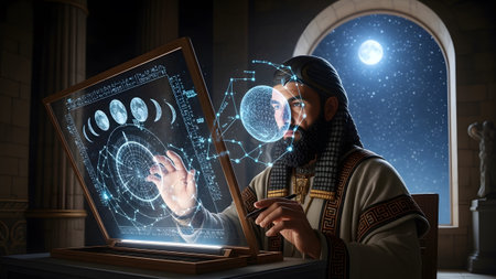 A man in ancient clothing uses a holographic celestial map and sphere for astronomical study...