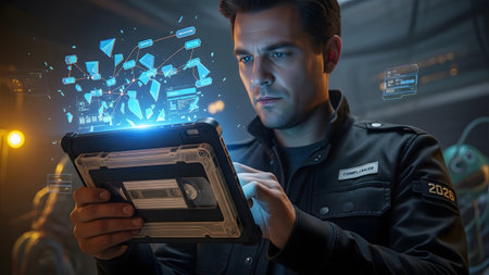 A man uses a tablet displaying a glowing blue holographic interface with...の写真素材