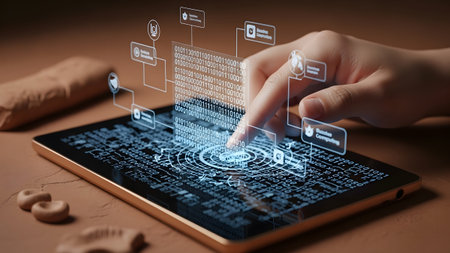 A hand touches a tablet displaying glowing binary code and a holographic interface with data nodes.