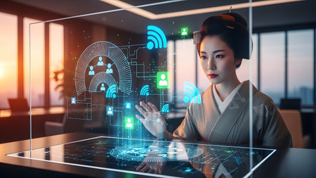 Japanese woman in traditional kimono interacts with futuristic holographic...の写真素材