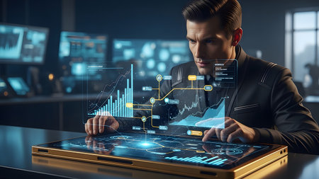 A man in a suit examines a glowing blue holographic interface displaying financial charts and data.