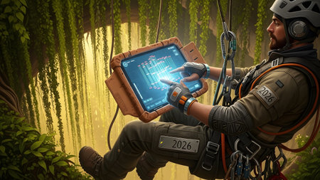 With showing man in harness using futuristic tablet in lush jungle environment with digital...